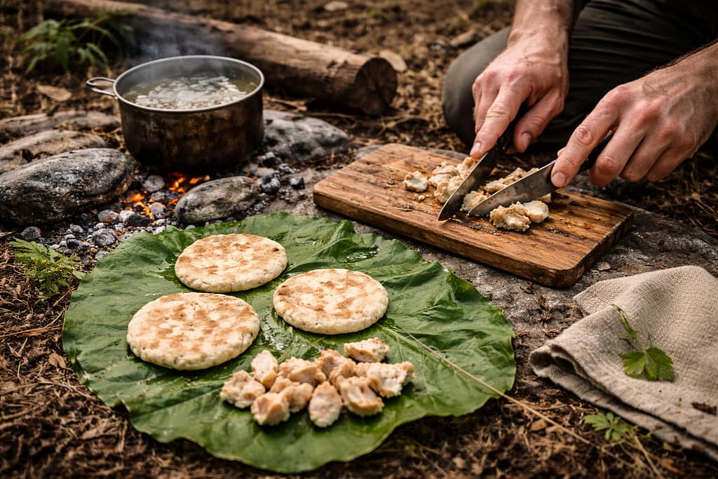 Sécurité alimentaire en survie : éviter les intoxications et les erreurs mortelles Scène réaliste en extérieur : préparation alimentaire simple sur une surface propre (feuille ou tissu), petite quantité, eau traitée à proximité, ambiance discrète, aucun élément moderne visible.
