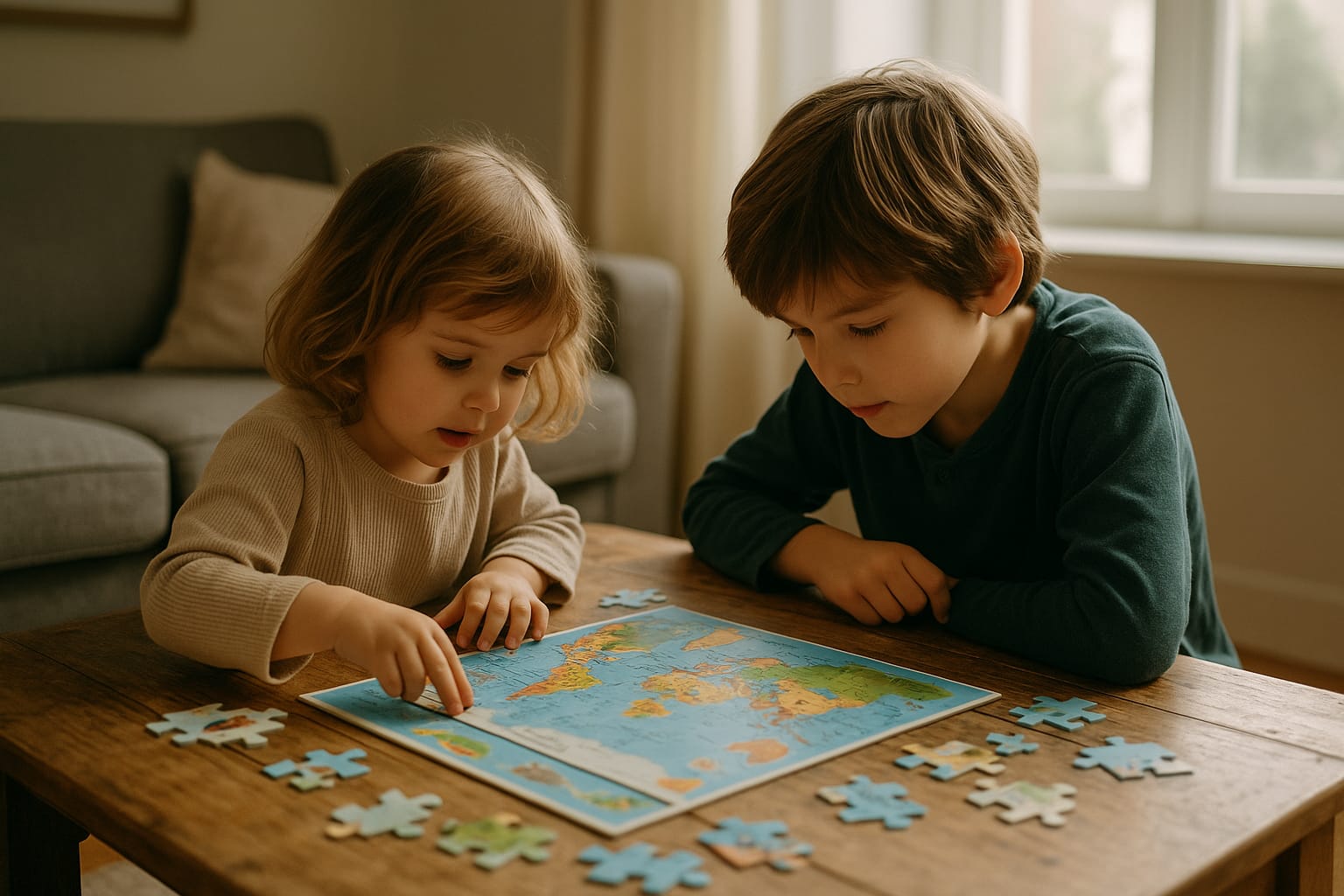 Test et comparaison : puzzles éducatifs (plusieurs marques) Deux enfants (4 et 7 ans) sont penchés sur un puzzle éducatif sur une table basse, lumière naturelle, ambiance calme et appliquée.