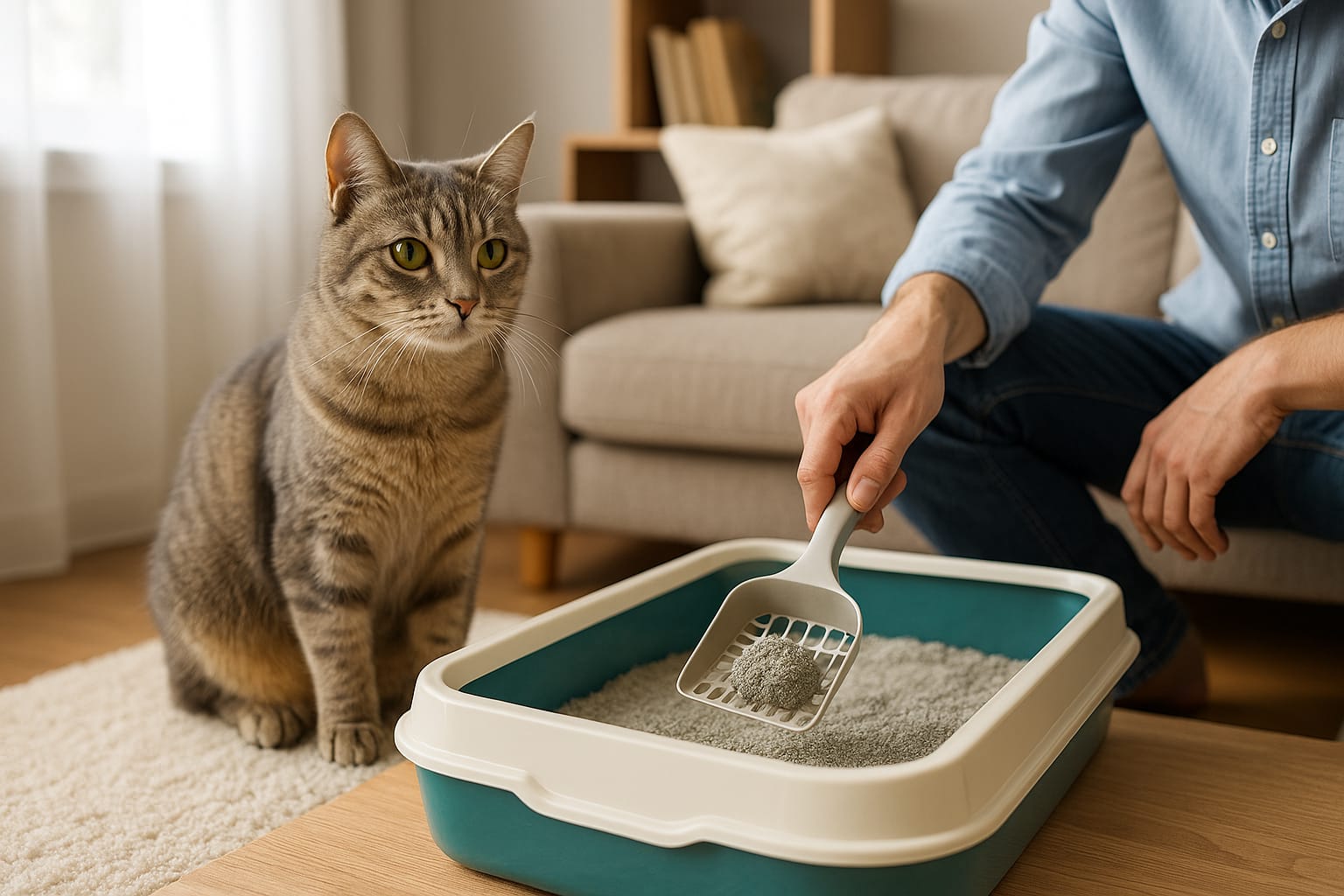 Guide ultime : Comment choisir la meilleure litière pour chat un chat assis devant sa litière propre, son maître en train de la nettoyer avec une pelle, ambiance domestique lumineuse.