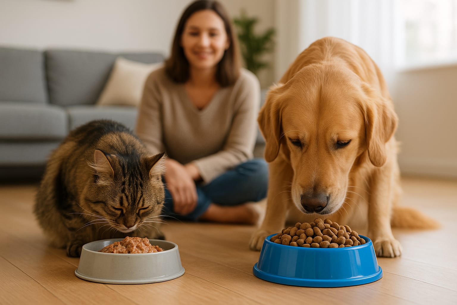Croquettes et nourritures pour animaux : comparatif complet pour bien nourrir son compagnon un chat et un chien assis côte à côte devant deux gamelles distinctes : croquettes dans l’une, pâtée dans l’autre. Le maître observe avec le sourire.