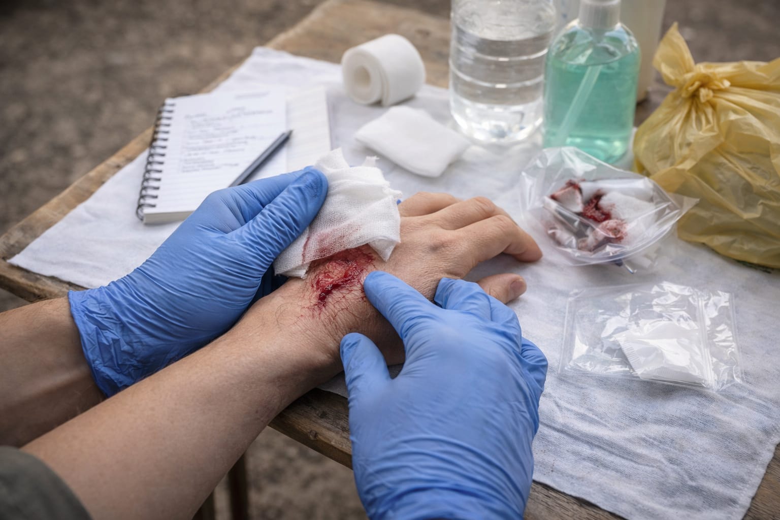 Soigner une blessure ouverte sans médecin : protocole réaliste et sécurisé Scène réaliste : mains gantées au-dessus d’une table propre improvisée, compresses stériles, rouleau de bande, savon, bouteille d’eau propre, sac déchets fermé, carnet et stylo. Ambiance calme, aucun élément dramatique.
