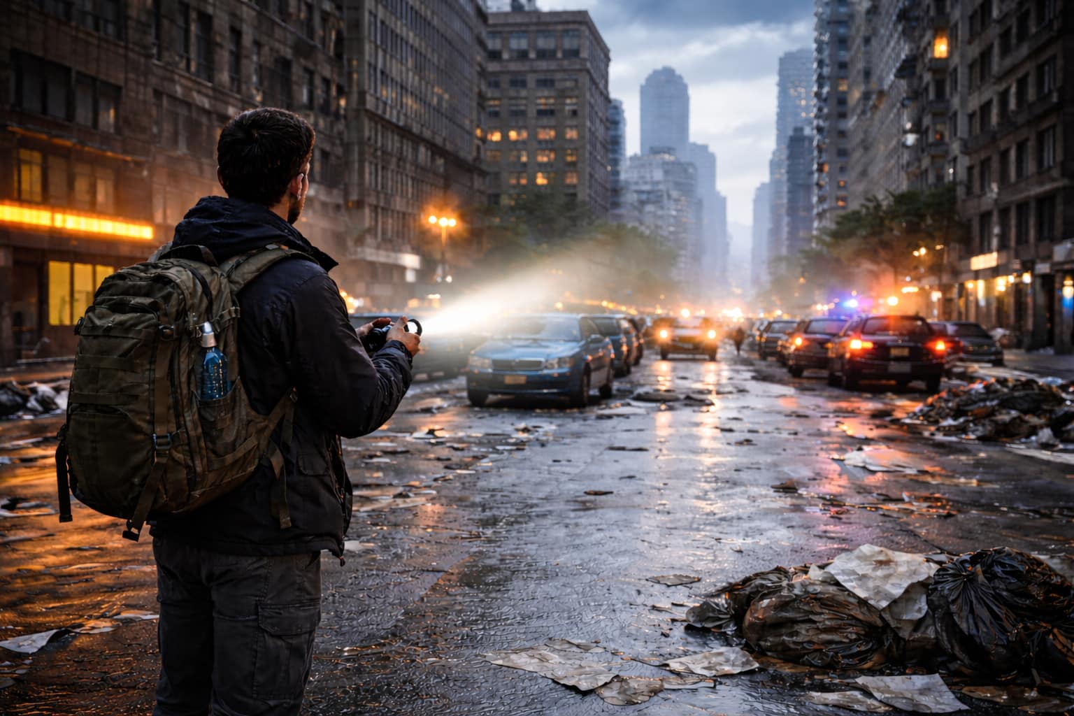 Blackout total : comment survivre en zone urbaine sans aide extérieure Vue urbaine nocturne sans éclairage, immeubles plongés dans l’obscurité.