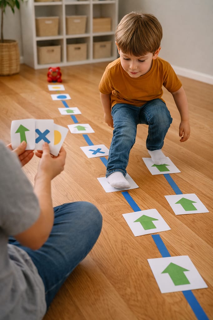 Apprendre à coder dès 5 ans : jeux et activités débranchées faciles à mettre en place enfant apprend le codage débranché en suivant des consignes au sol