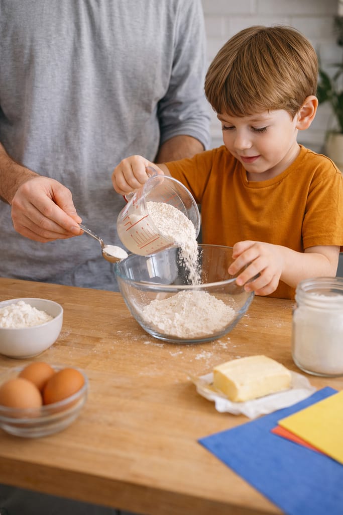 Apprendre en cuisinant : transformer chaque repas en expérience éducative complète enfant cuisine avec un adulte en mesurant des ingrédients dans la cuisine