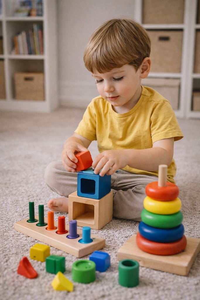 Jeux éducatifs pour les tout-petits (1–3 ans) : éveiller sans surstimuler enfant de 2 ans joue avec des jeux de manipulation éducatifs au sol