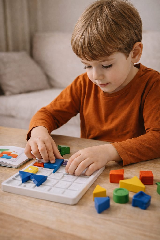 Jeux éducatifs pour enfants introvertis : activités calmes, profondes et épanouissantes enfant introverti concentré jouant calmement avec un jeu éducatif