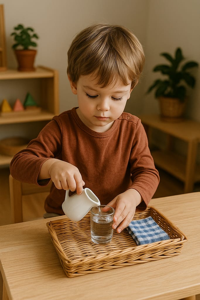 Activités Montessori faciles à réaliser chez soi Enfant concentré réalisant une activité Montessori à la maison avec du matériel simple du quotidien.