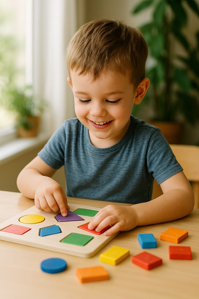Meilleurs jeux éducatifs pour enfants de 3 à 5 ans Enfant de 4 ans jouant avec un puzzle éducatif en bois coloré, concentré et souriant dans une ambiance naturelle et lumineuse.