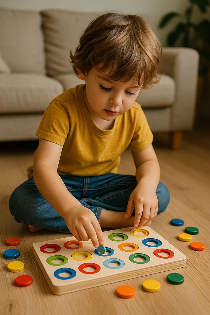 Comment choisir des jeux éducatifs : les critères essentiels Un enfant concentré, assis au sol, joue avec un jeu éducatif en bois, manipulant des pièces colorées – mot-clé : jeu éducatif enfant.