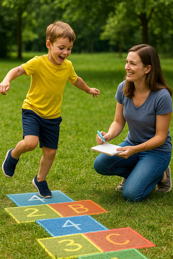 Jeux de plein air éducatifs : apprendre en bougeant Enfant joue dehors à un jeu éducatif en mouvement avec un parent