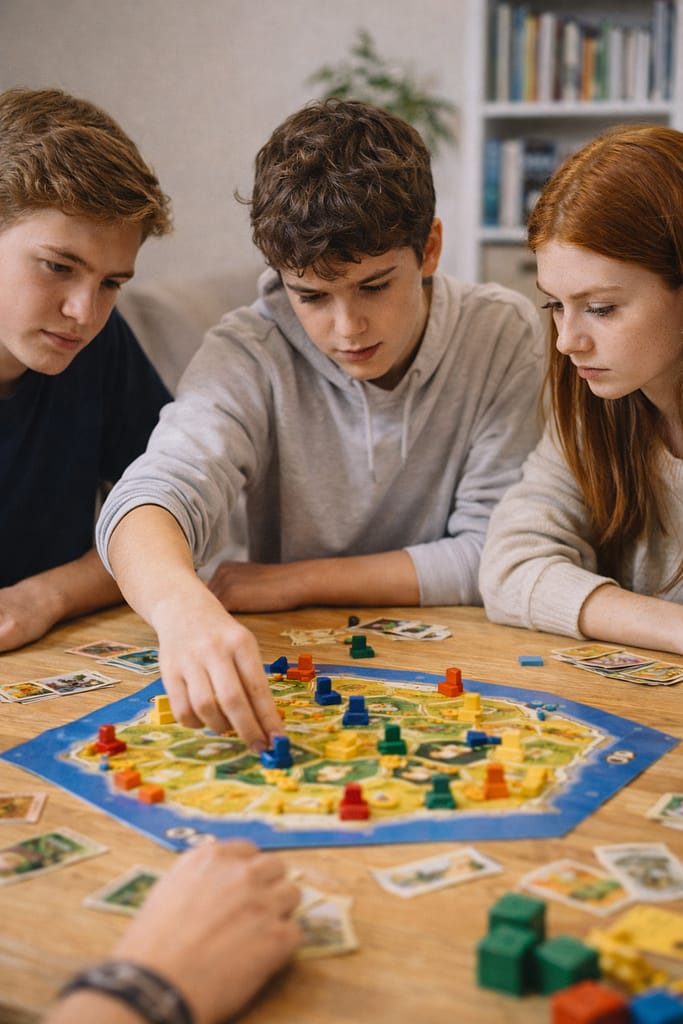 Jeux éducatifs pour adolescents (15–18 ans) : apprendre, réfléchir et se construire autrement adolescents concentrés jouant à un jeu de société stratégique autour d’une table