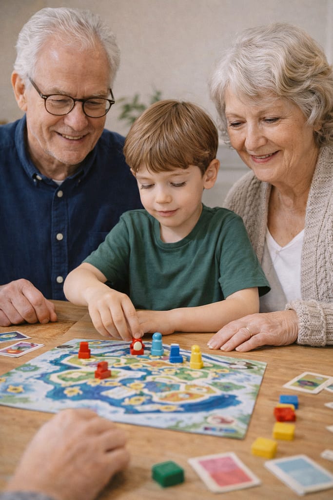 Activités éducatives intergénérationnelles : des jeux à partager avec les grands-parents enfant joue calmement à un jeu de société avec ses grands-parents