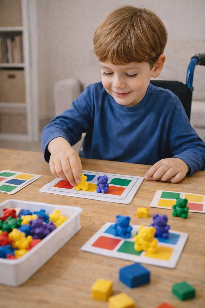 Jeux et activités adaptés aux enfants en situation de handicap : des idées inclusives pour apprendre autrement enfant en situation de handicap jouant à une activité éducative adaptée