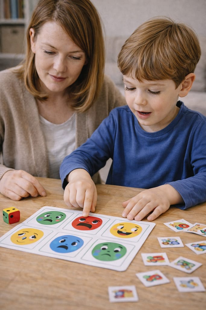 Jeux et activités pour développer l’intelligence émotionnelle chez l’enfant enfant exprime ses émotions lors d’un jeu éducatif accompagné par un adulte