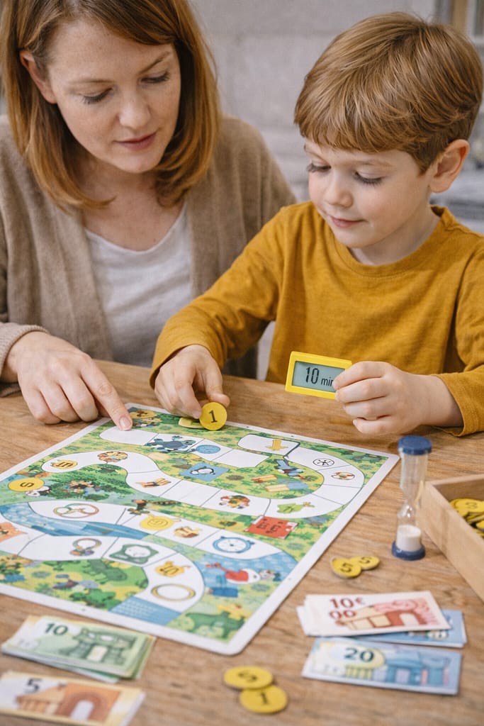Comment choisir des jeux pour apprendre à gérer l’argent, le temps et les responsabilités enfant joue à un jeu éducatif sur la gestion de l’argent et du temps avec un adulte