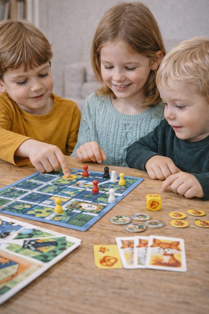 Test et comparatif des meilleurs jeux de société coopératifs pour enfants enfants jouent ensemble à un jeu de société coopératif éducatif autour d’une table