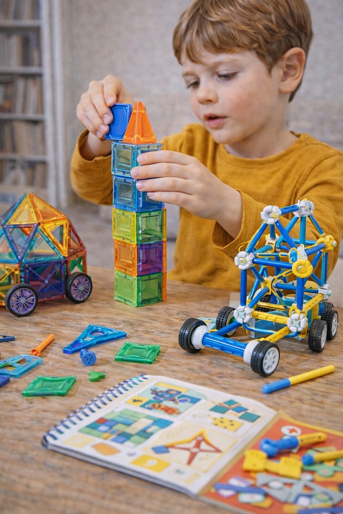 Test des jeux de construction alternatifs : géométriques, magnétiques et modulaires enfant construisant une structure avec des jeux de construction magnétiques et modulaires