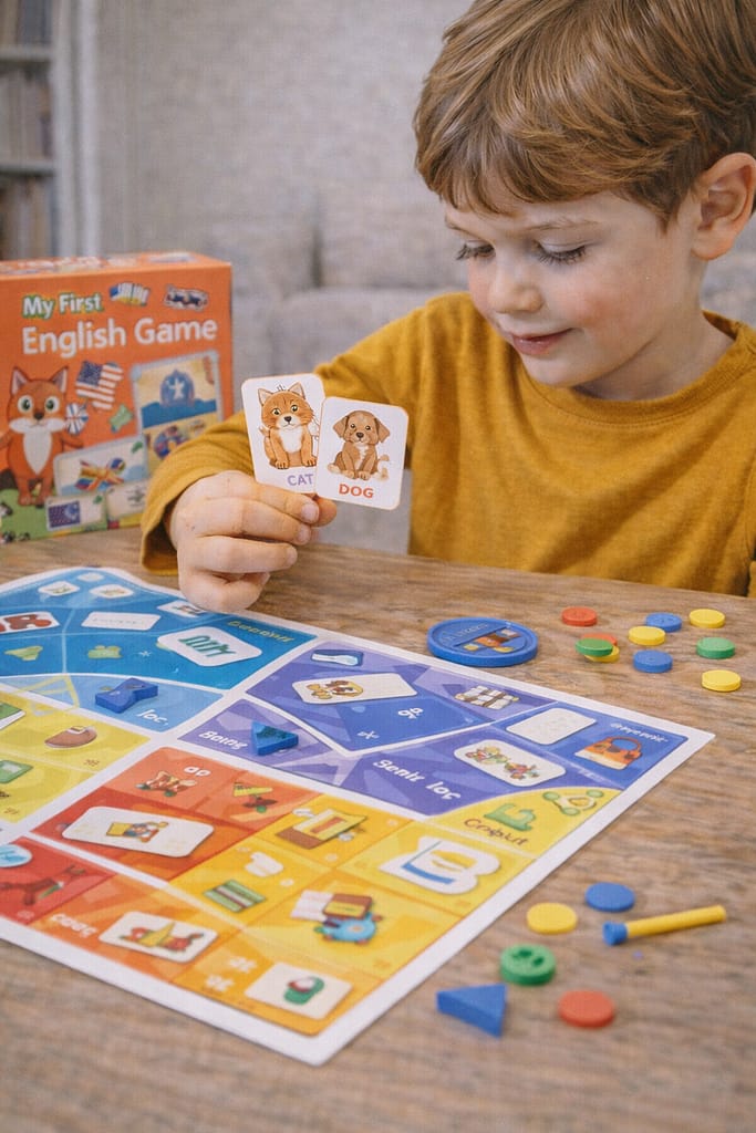 Les meilleurs supports pour apprendre les langues en s’amusant à la maison enfant apprenant une langue étrangère à la maison avec un jeu éducatif