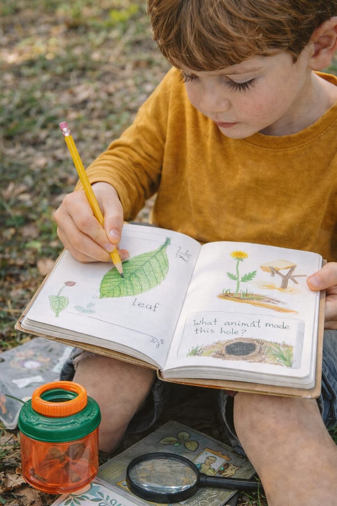 Créer un carnet d’exploration nature avec son enfant : idées, mise en page et outils enfant écrivant et dessinant dans un carnet d’exploration nature en extérieur