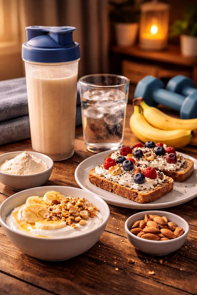 Sport le soir : que manger pour bien récupérer sans perturber le sommeil Repas léger post-entraînement du soir avec skyr, banane et eau sur une table, nutrition pour récupérer sans perturber le sommeil
