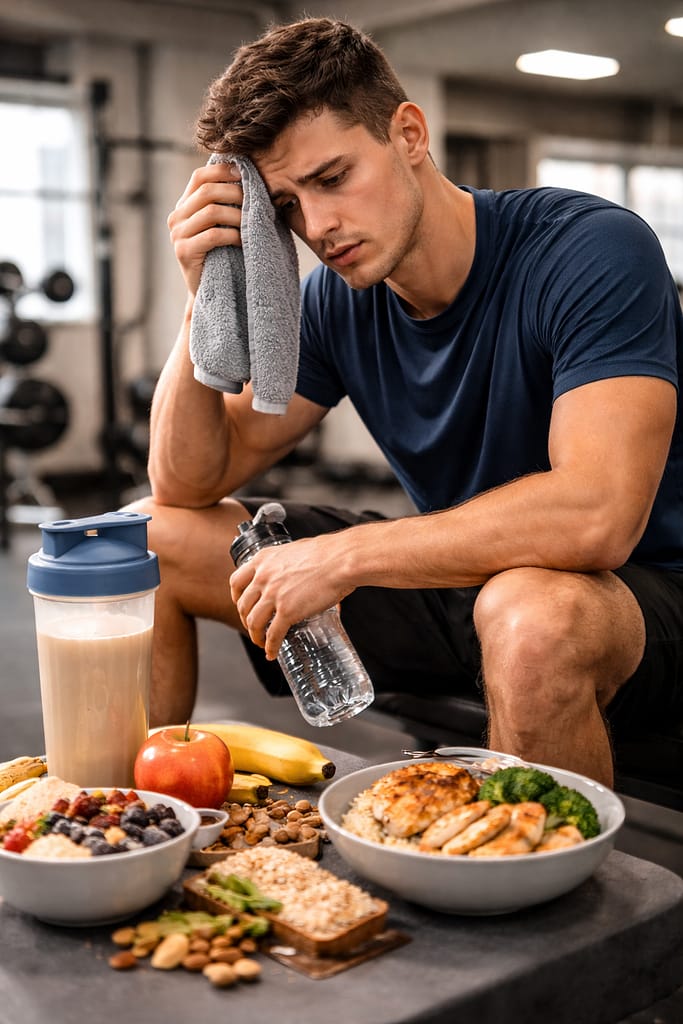 Pourquoi tu manques d’énergie à l’entraînement malgré une alimentation équilibrée (et comment y remédier) Sportif fatigué à la salle avec bouteille d’eau et repas simple riche en glucides et protéines, illustrant le manque d’énergie à l’entraînement