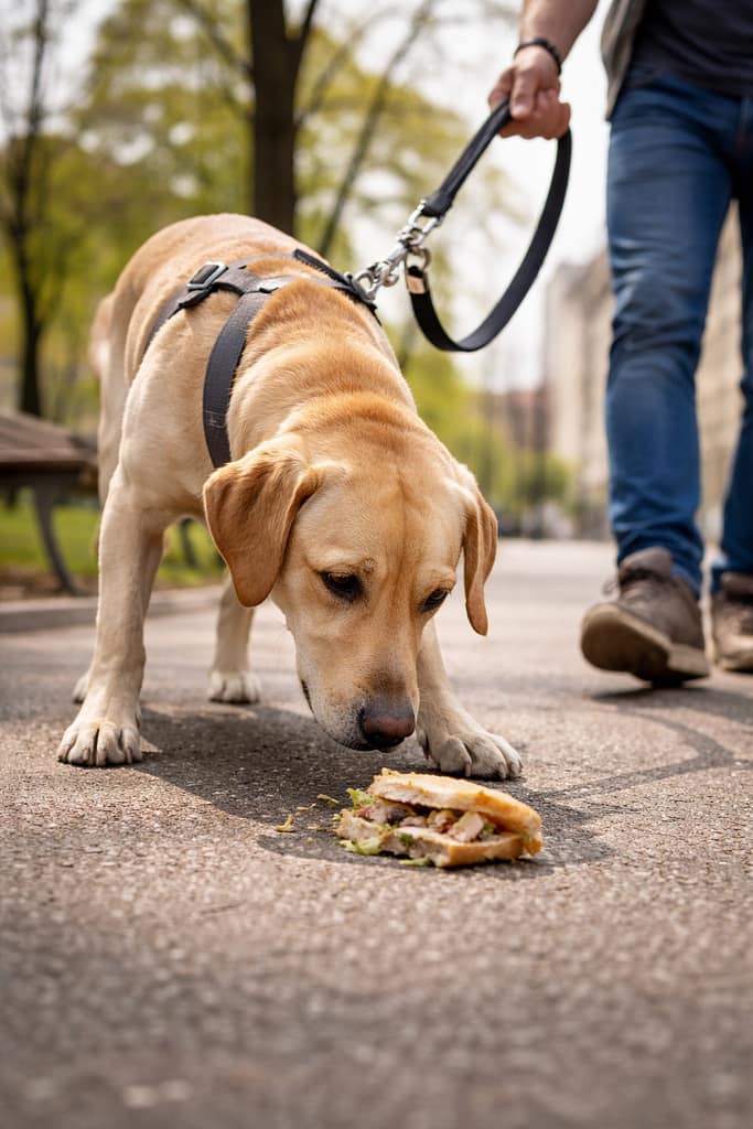 Mon chien mange tout ce qu’il trouve dehors : causes et solutions efficaces un chien en laisse reniflant le sol pendant une promenade en ville, le maître tenant la laisse courte et détournant doucement le chien d’un reste de nourriture au sol (scène réaliste, lumière naturelle, sans dramatisation).