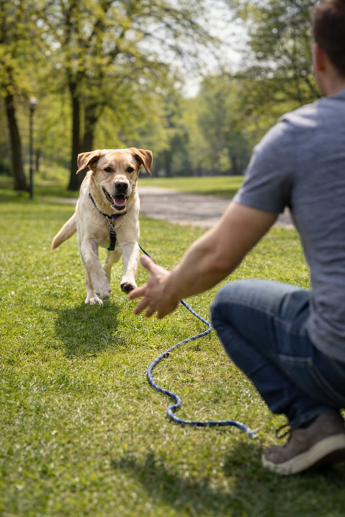 Apprendre le rappel à son chien même s’il n’obéit pas : méthode progressive un chien courant joyeusement vers son maître dans un parc, maître accroupi bras ouverts, longe détendue au sol, scène lumineuse et réaliste.