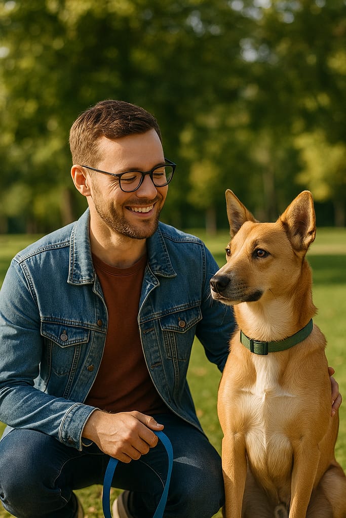 Comment choisir la bonne race de chien selon votre mode de vie photo réaliste d’un maître souriant en extérieur avec un chien (taille moyenne, ambiance chaleureuse).