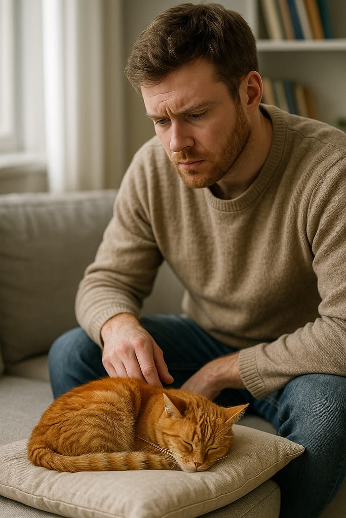 Signes de douleur chez l’animal : comment les reconnaître et adopter les bons gestes un chat recroquevillé sur un coussin, observé avec douceur par son maître inquiet.