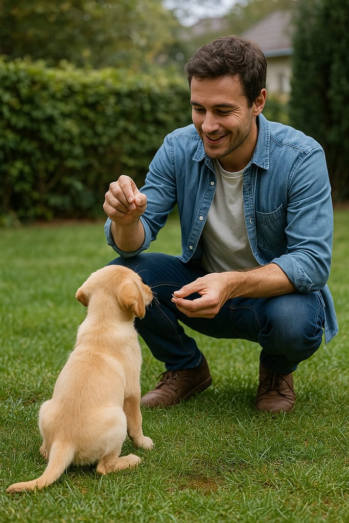 Apprendre la propreté à un chiot : étapes, erreurs à éviter et solutions pratiques un chiot qui fait pipi dehors sur l’herbe, son maître accroupi le félicitant avec une friandise.
