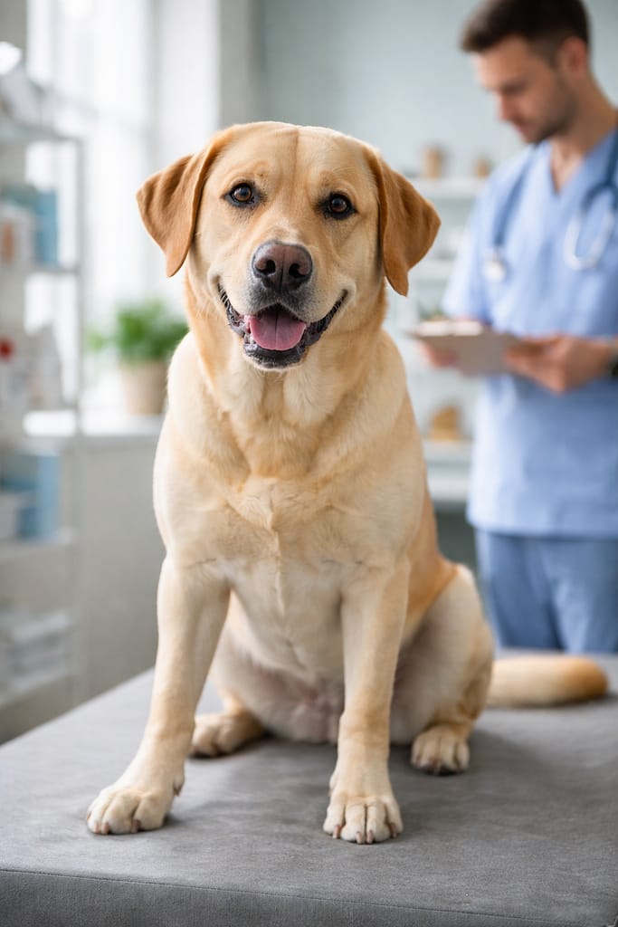 Stérilisation du chien : à quel âge, à quel prix et avec quels effets réels ? Chien calme en consultation vétérinaire avant une stérilisation, propriétaire informé sur l’âge et les effets