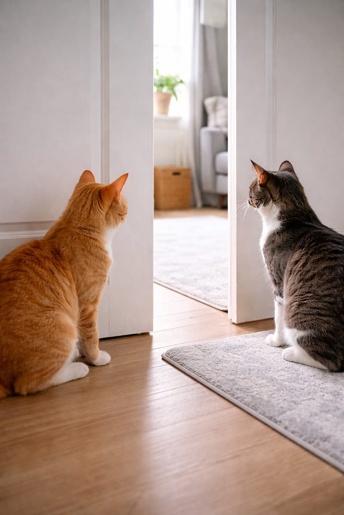 Introduire un nouveau chat dans la maison sans conflit : étapes clés et erreurs à éviter Deux chats se découvrent progressivement de part et d’autre d’une porte entrouverte, méthode d’introduction sans conflit
