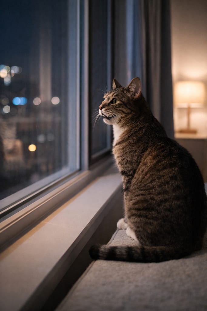 Pourquoi mon chat miaule la nuit ? Causes réelles et solutions durables Chat d’intérieur éveillé la nuit près d’une fenêtre, miaulements nocturnes et comportement félin
