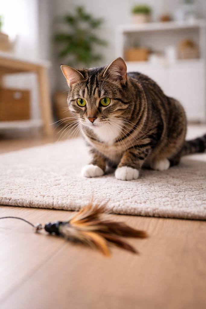Mon chat ne joue plus : causes possibles et solutions pour le stimuler durablement Chat d’intérieur peu actif observant un jouet, stimulation du jeu félin