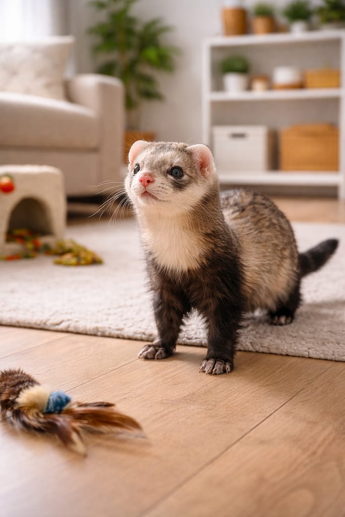 Furet domestique : comportement, soins quotidiens et erreurs fréquentes furet domestique curieux explorant un salon sécurisé, lumière naturelle, environnement propre et adapté.