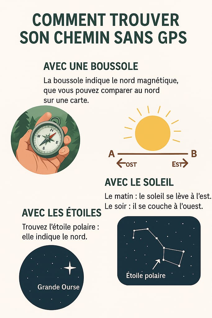 Comment trouver son chemin sans GPS : boussole, soleil, étoiles Apprenez à vous orienter sans GPS grâce à des techniques naturelles fiables : boussole, soleil, étoiles. Guide pratique pour survivre sans technologie.