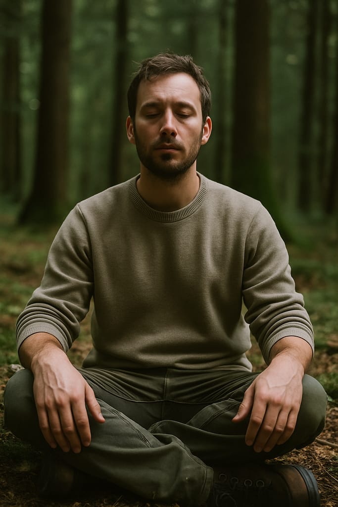Comment gérer la peur et le stress en situation de survie une personne assise en forêt, mains posées sur les genoux, pratiquant une respiration profonde pour se calmer