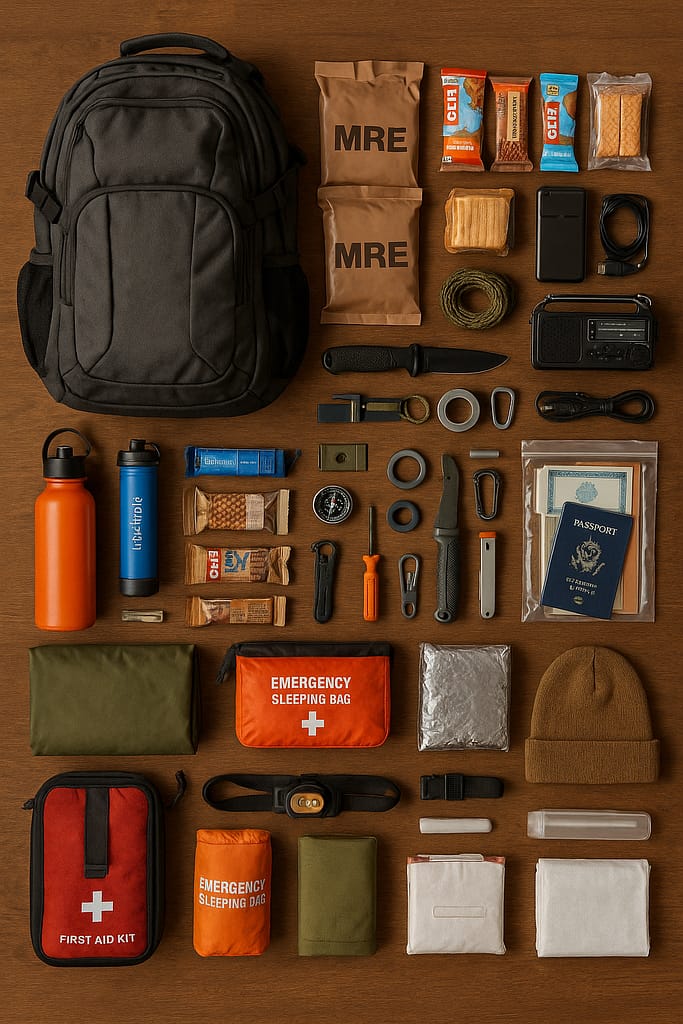 Sac d’évacuation (Bug-Out Bag) : le guide complet pour bien le composer illustration montrant le contenu d’un vrai sac d’évacuation vidé au sol, organisé proprement par catégories : eau, nourriture, vêtements, soins, outils.