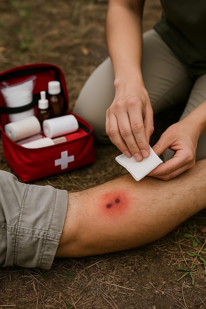 Que faire en cas de morsure de serpent ? Réflexes vitaux personne allongée au sol, jambe immobilisée après morsure, matériel de premiers secours visible