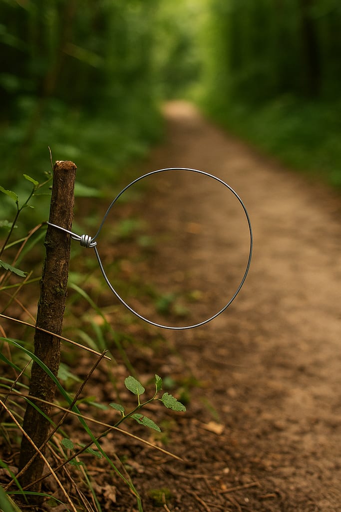 Construire un piège simple pour capturer du petit gibier un collet simple en fil métallique installé sur un petit sentier forestier, boucle bien visible.