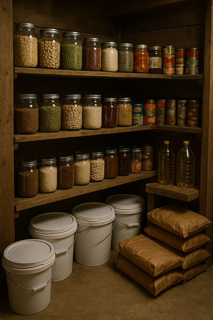 Préparer une réserve alimentaire familiale pour 3 mois Réserve alimentaire familiale organisée avec seaux, bocaux et conserves.