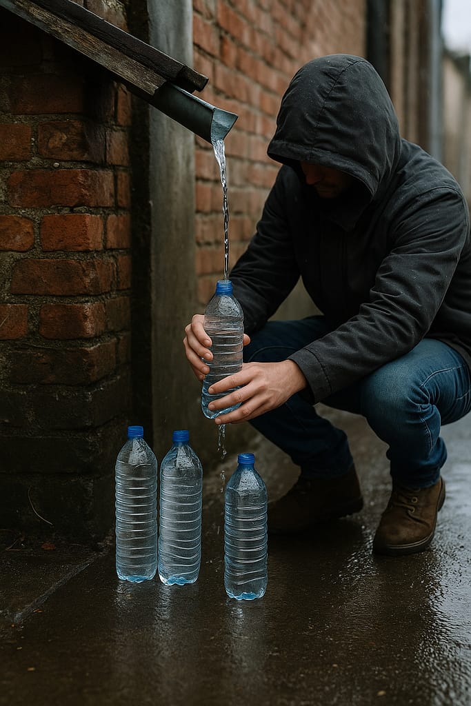 Comment trouver de l’eau potable en milieu urbain en cas de crise Récupération d’eau de pluie en milieu urbain avec bouteilles sous une gouttière.