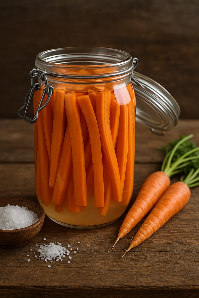 Fermentation et lactofermentation : une arme secrète pour la survie Bocal de carottes lactofermentées en saumure posé sur une table rustique avec carottes fraîches.