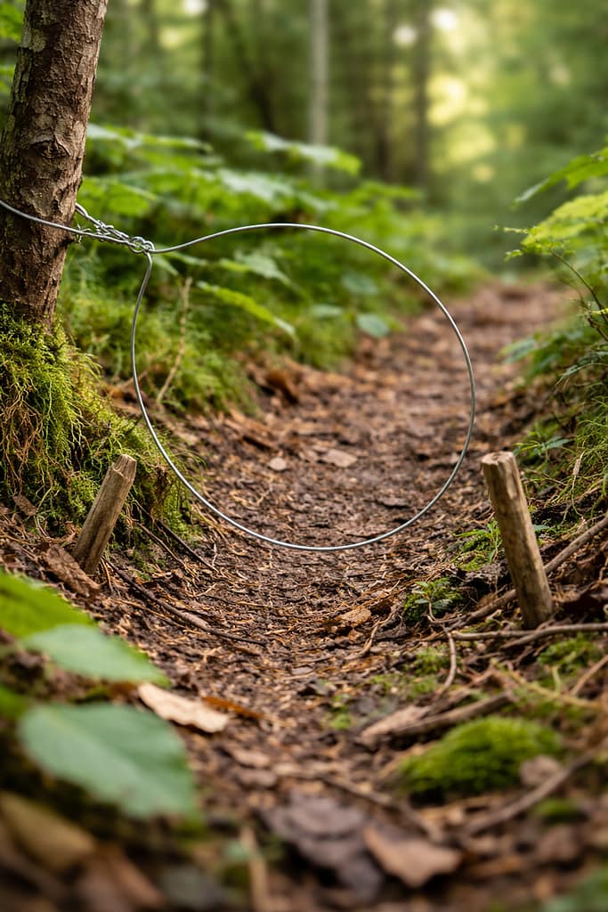 Construire un piège simple pour capturer du petit gibier un collet simple en fil métallique installé sur un petit sentier forestier, boucle bien visible.
