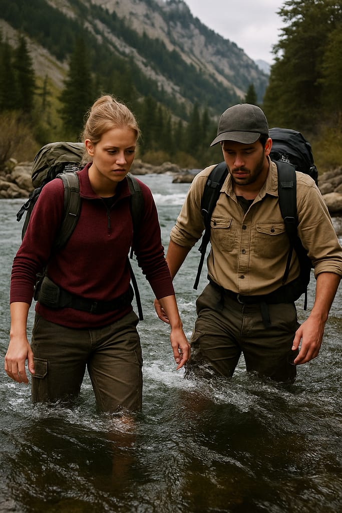 Techniques pour traverser une rivière en sécurité Un groupe de randonneurs traverse une rivière peu profonde, en ligne horizontale, bâtons de marche en main, courant visible mais maîtrisé.