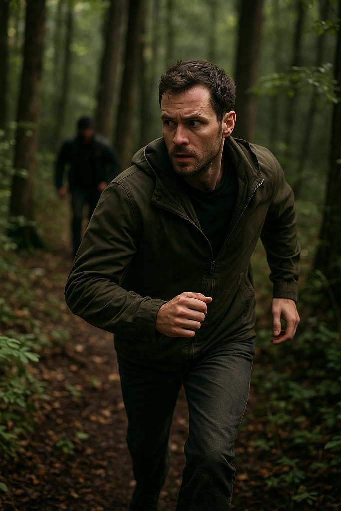 Survivre à une traque : comment semer un poursuivant Un individu en tenue sobre traverse rapidement un sous-bois, regardant derrière lui, tandis qu’à l’arrière-plan flou on devine une silhouette qui le suit. Style photo réaliste documentaire, lumière naturelle.