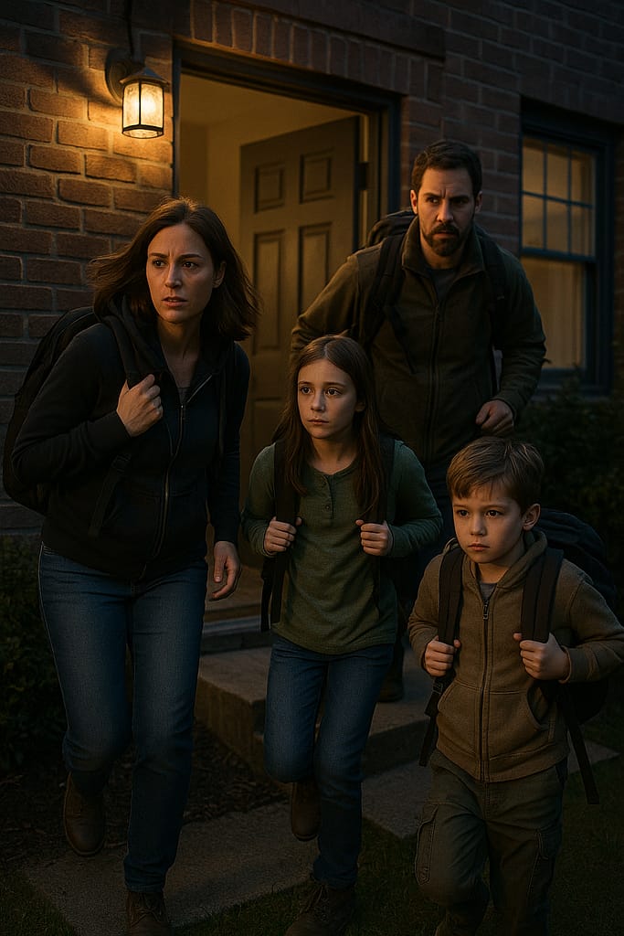 Comment protéger sa famille lors d’une évacuation d’urgence Une famille (2 adultes, 2 enfants) sort précipitamment d’une maison, chacun portant un sac d’évacuation sobre. Nuit ou crépuscule, atmosphère réaliste mais non dramatique. Style documentaire, lumière naturelle, pas de texte.