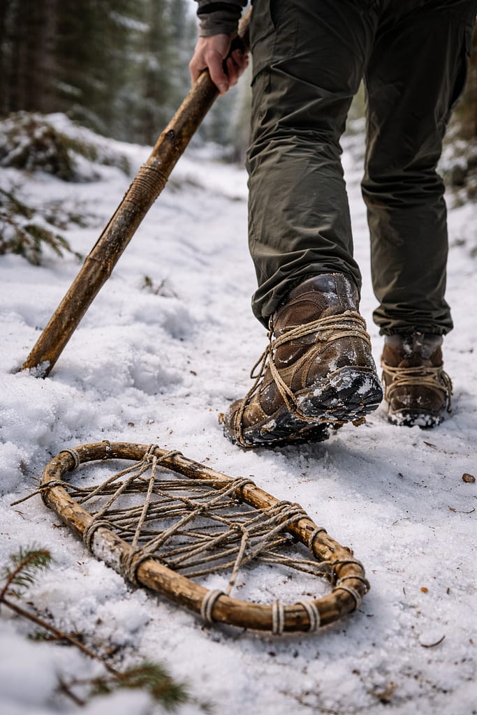 Fabriquer des aides à la marche (raquettes, crampons, bâtons) avec du matériel de fortune Scène réaliste : marcheur en tenue neutre sur neige ou sol boueux, tenant un bâton en bois taillé, chaussures montrant une fixation simple de traction (cordage), environnement calme, aucun élément dramatique.