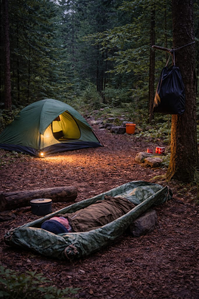 Sécuriser un camp ou un refuge sans technologie (signaux, périmètre, dissuasion) Scène réaliste : camp discret en lisière de forêt au crépuscule, tente sobre, zone de couchage propre, zone “odeurs” séparée (sac suspendu ou conteneur éloigné), lumière minimale orientée vers le sol, ambiance calme, aucun élément dramatique.