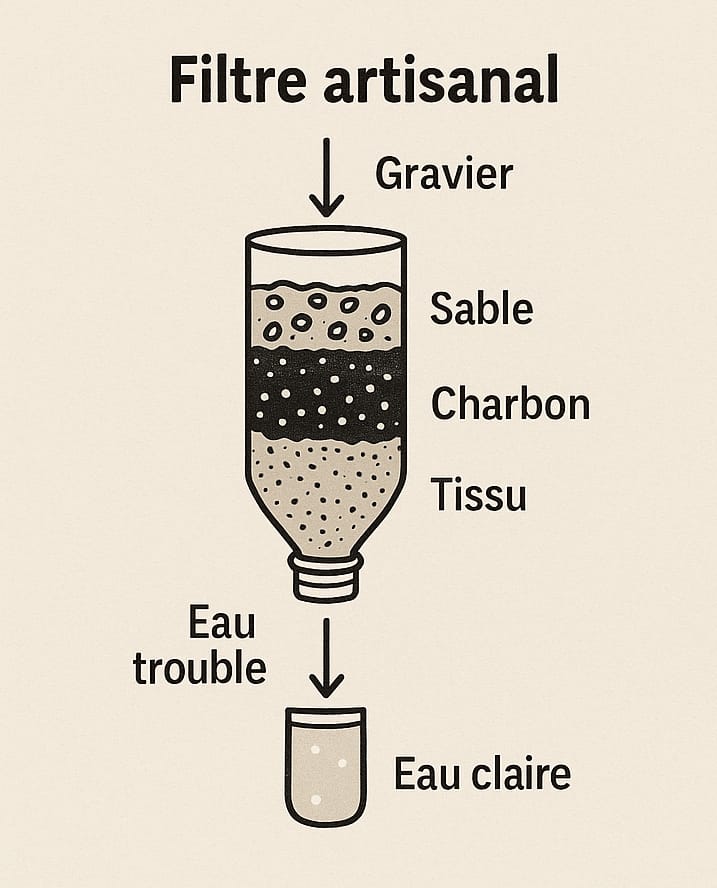 Comment purifier de l’eau en pleine nature (avec ou sans matériel) une image pédagogique en une seule scène montrant plusieurs méthodes de purification :
• une casserole sur un feu pour l’ébullition,
• une gourde filtrante,
• des pastilles à côté d’une gourde,
• un filtre artisanal (bouteille avec couches de sable et charbon).